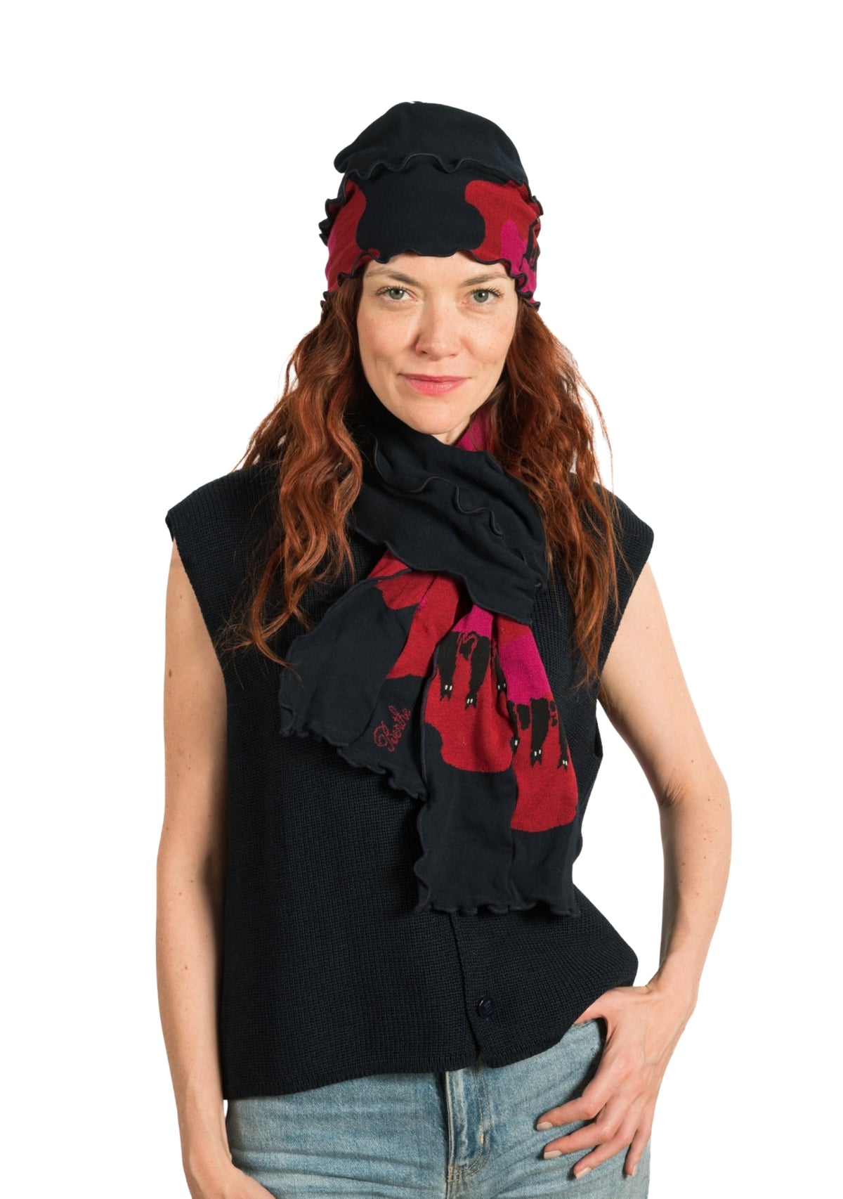 Chapeau femme en coton motif Chats rose et rouge