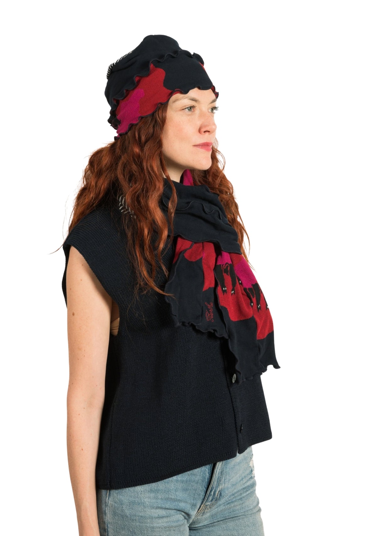 Chapeau femme en coton motif Chats rose et rouge