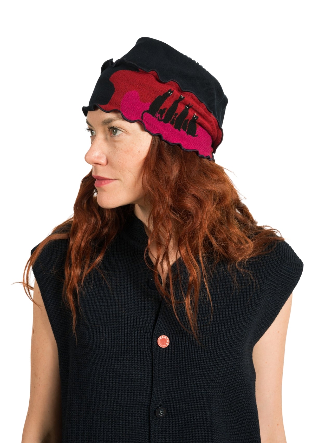 Chapeau femme en coton motif Chats rose et rouge