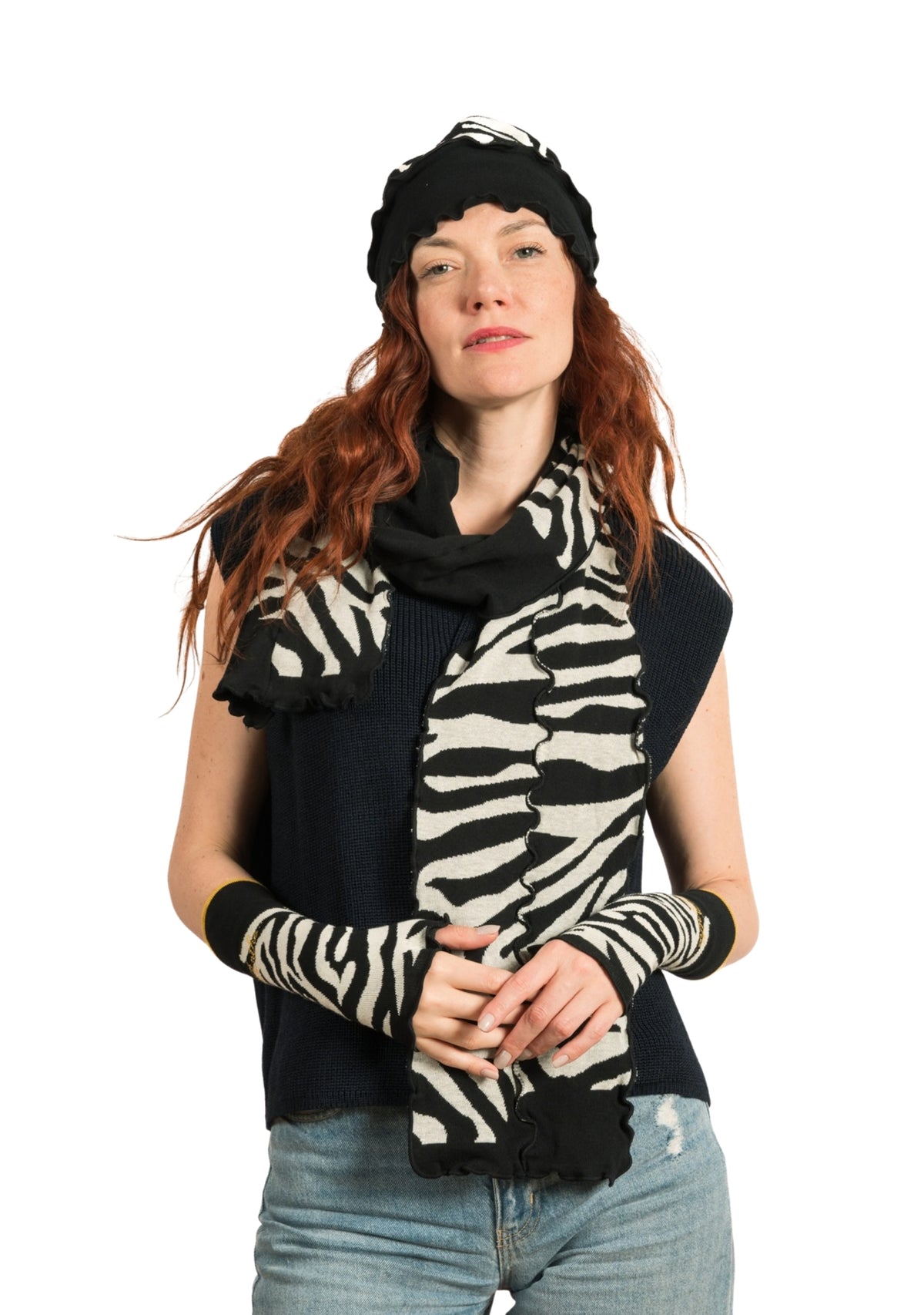 Grande écharpe femme en coton motif Zèbre noir et écru