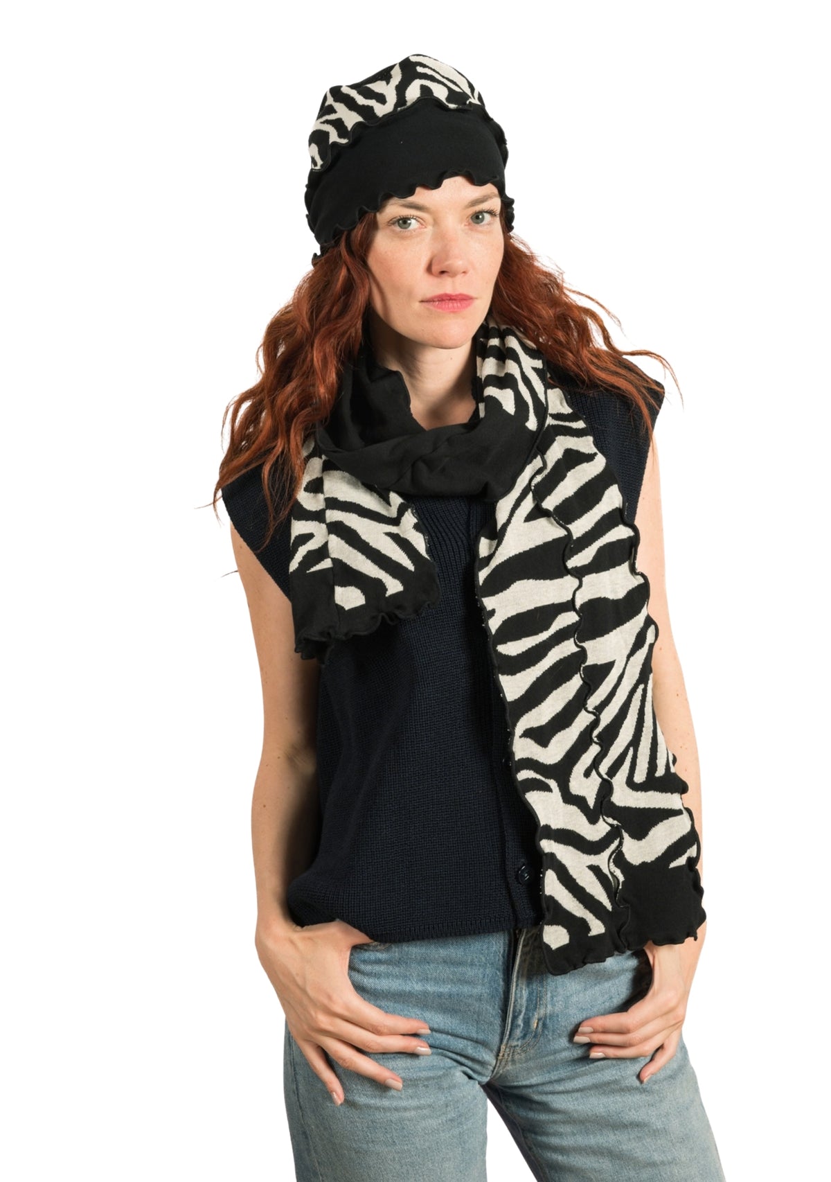 Grande écharpe femme en coton motif Zèbre noir et écru