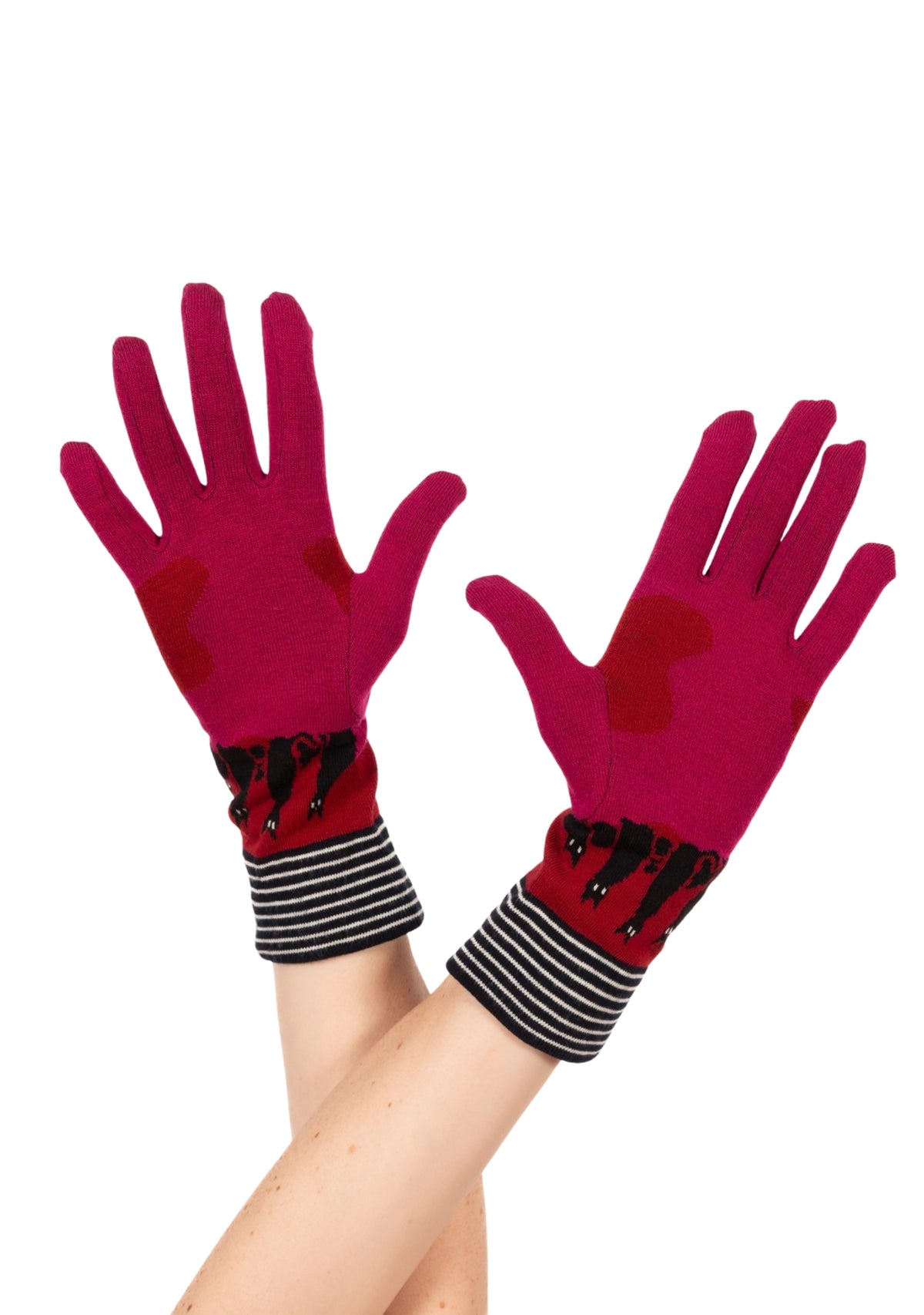 Gants femme en coton motif Chats rose et rouge