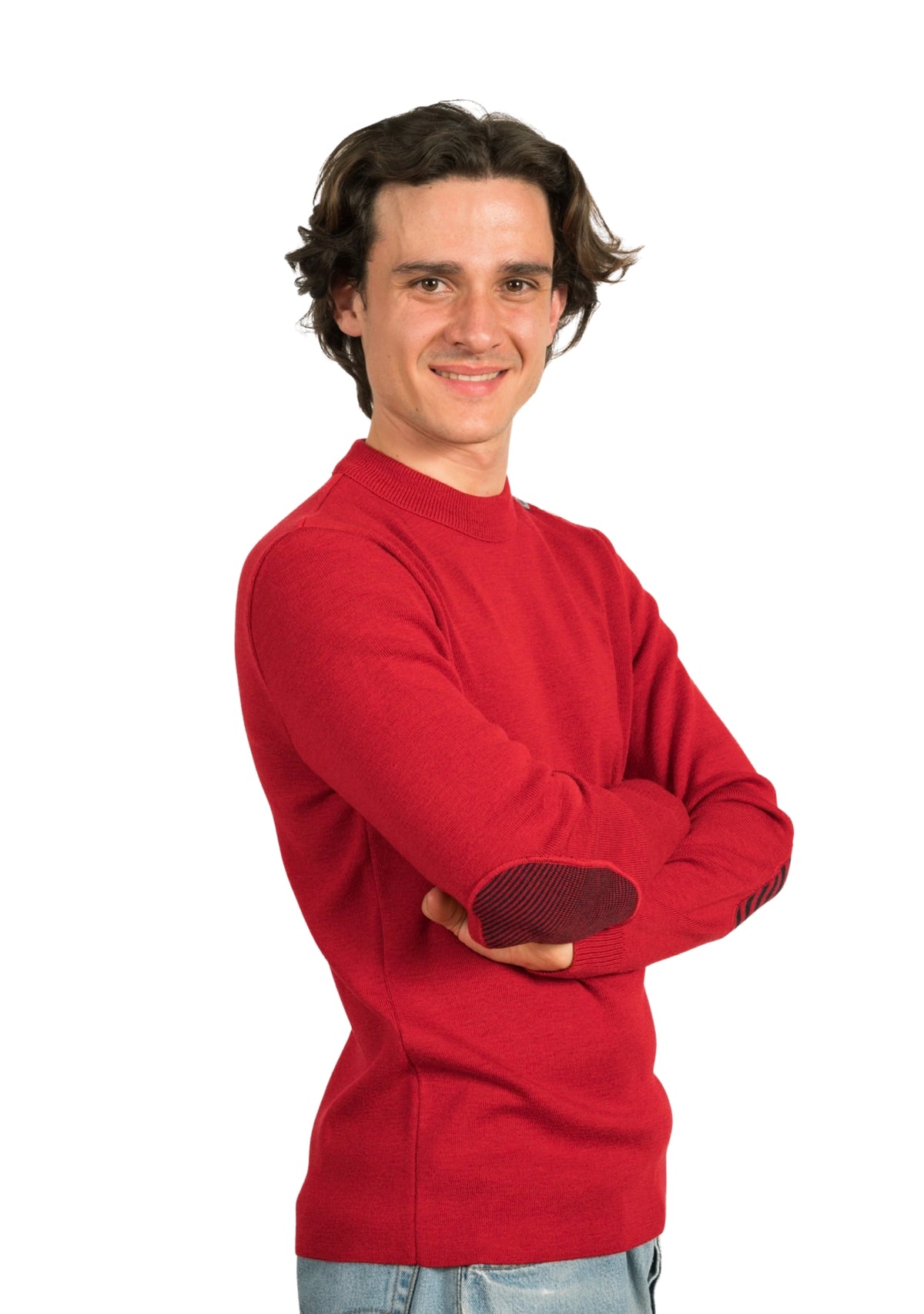 Pull homme en laine rouge à coudières rayées marine et rouge