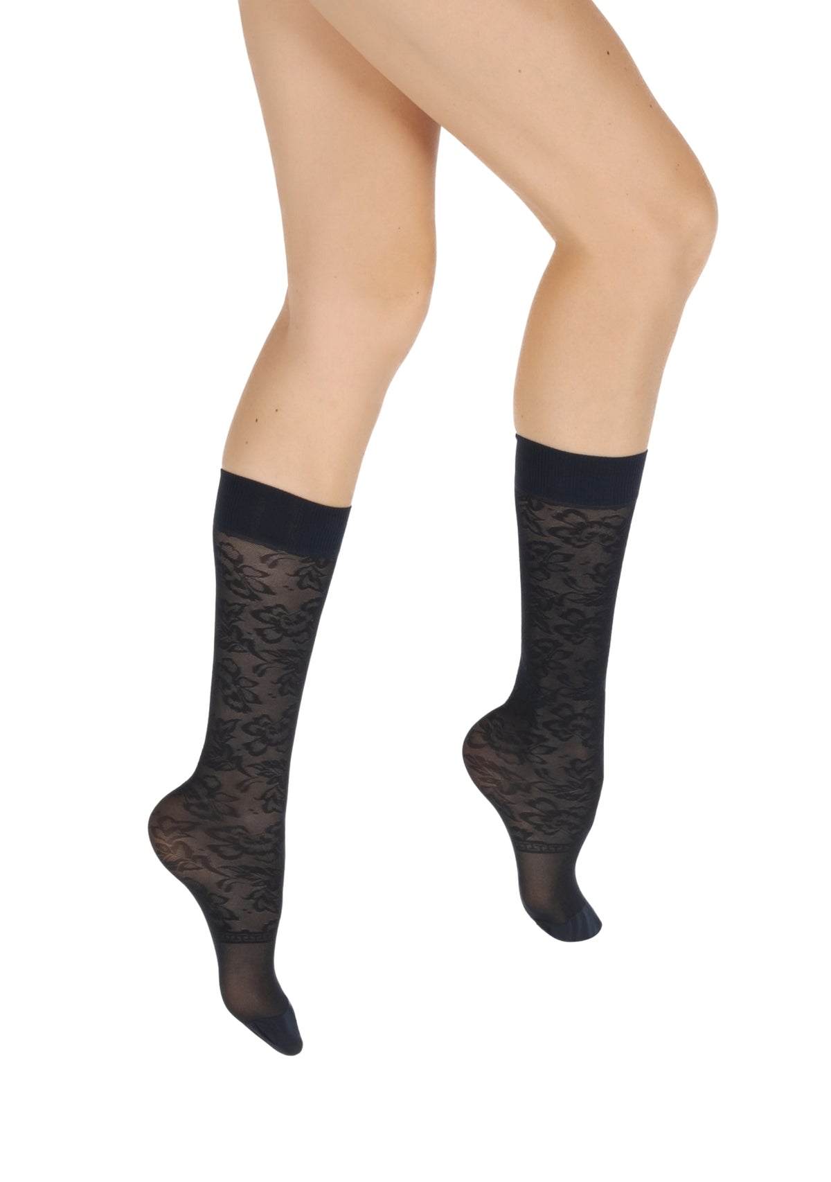 Mi-bas femme 40 deniers dentelle florale bleu marine