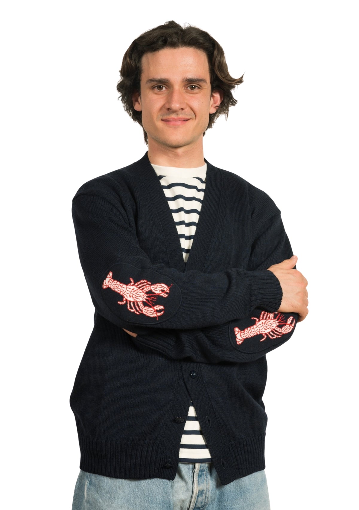 Gilet mixte marine en pure laine à coudières Homard