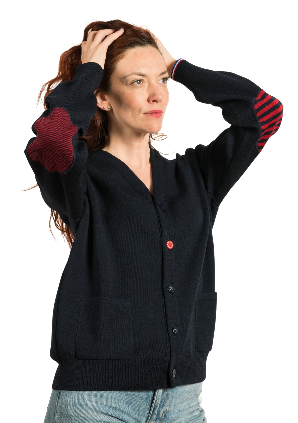 Cardigan mixte marine en pure laine à coudières rayées