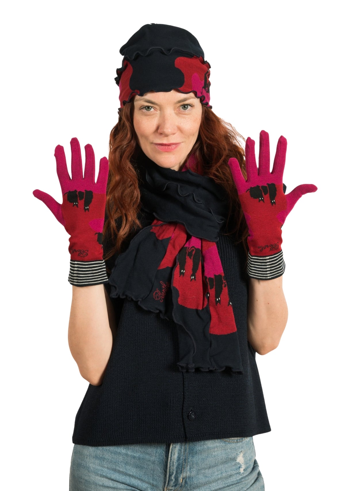 Chapeau femme en coton motif Chats rose et rouge