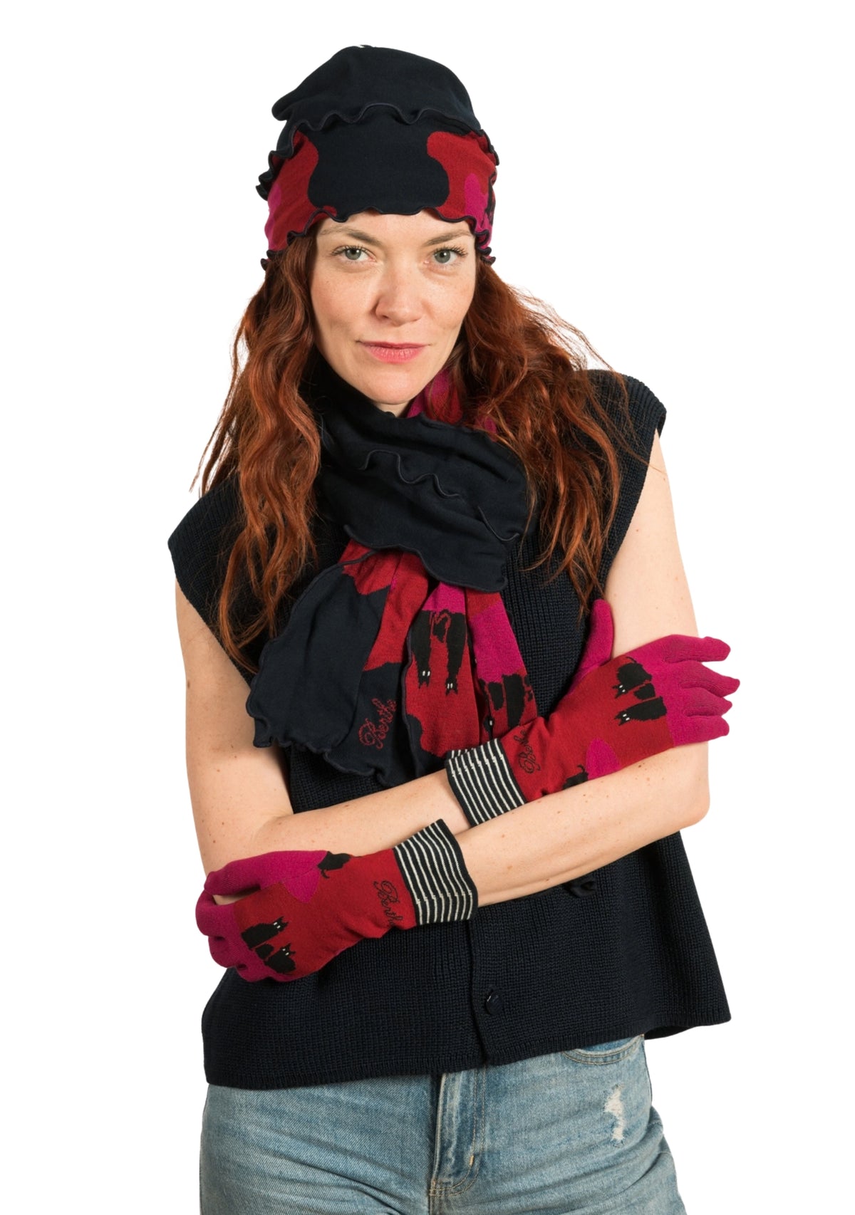Chapeau femme en coton motif Chats rose et rouge