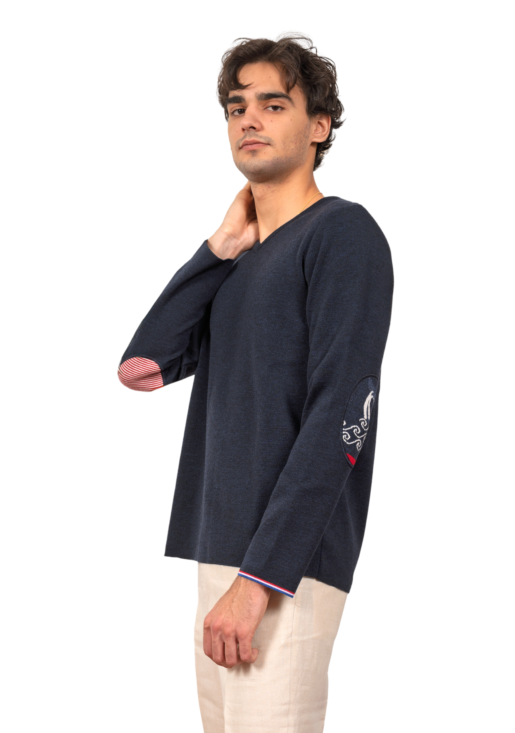 Pull homme col V - Marine - La Baleine
