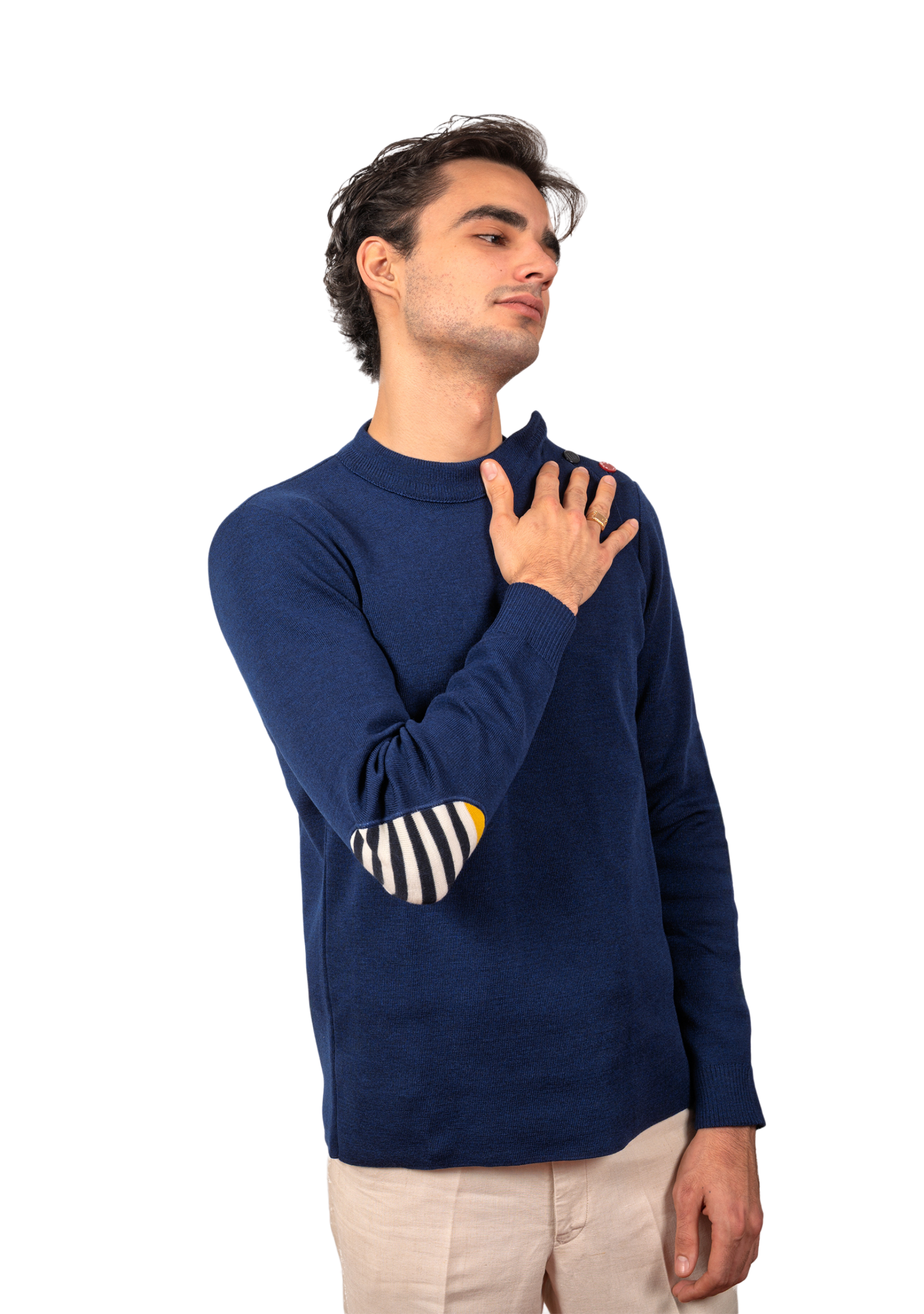 Pull marin homme en laine vierge - Bleu royal - Rayures asymétriques marine/jaune