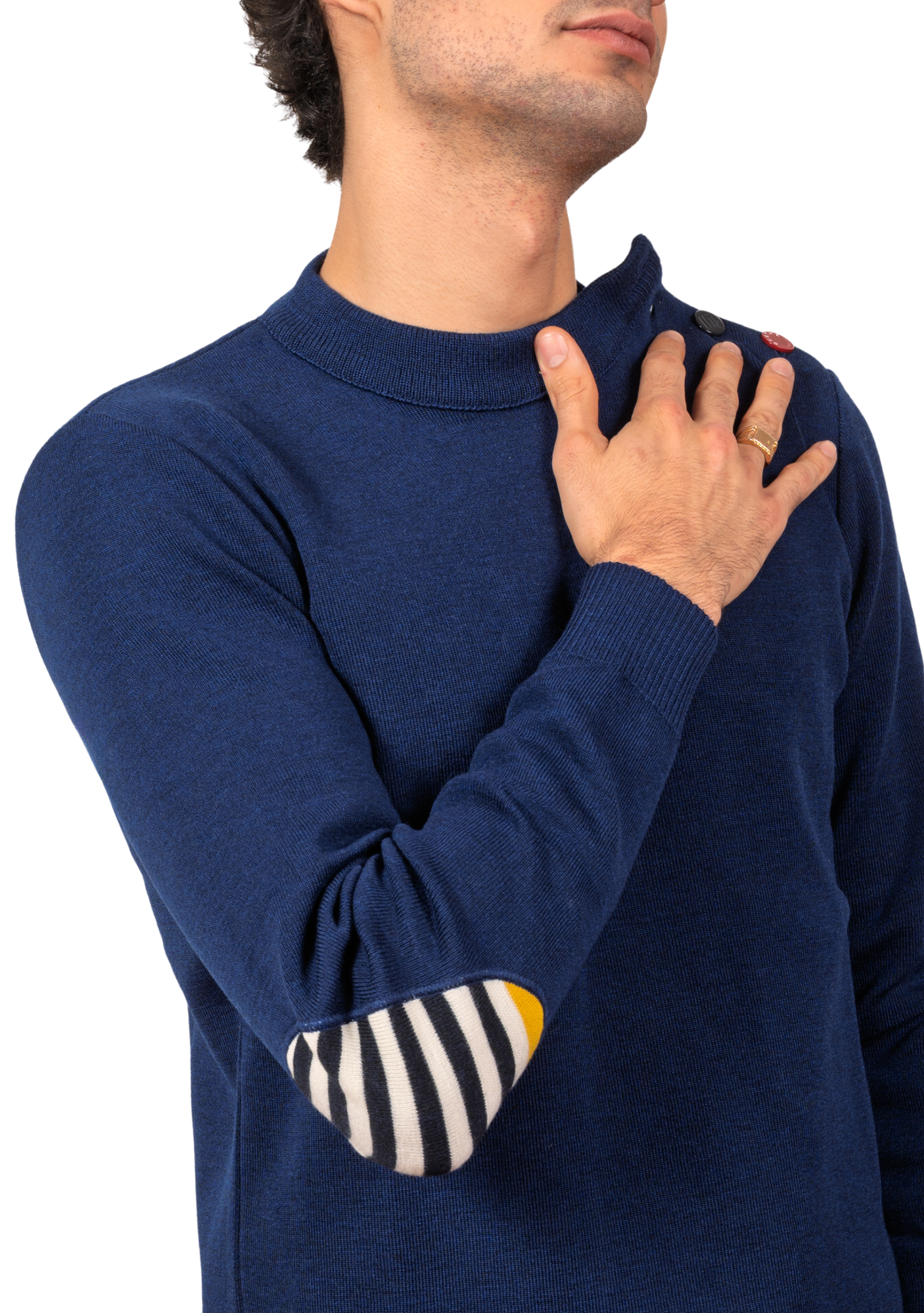 Pull marin homme en laine vierge - Bleu royal - Rayures asymétriques marine/jaune