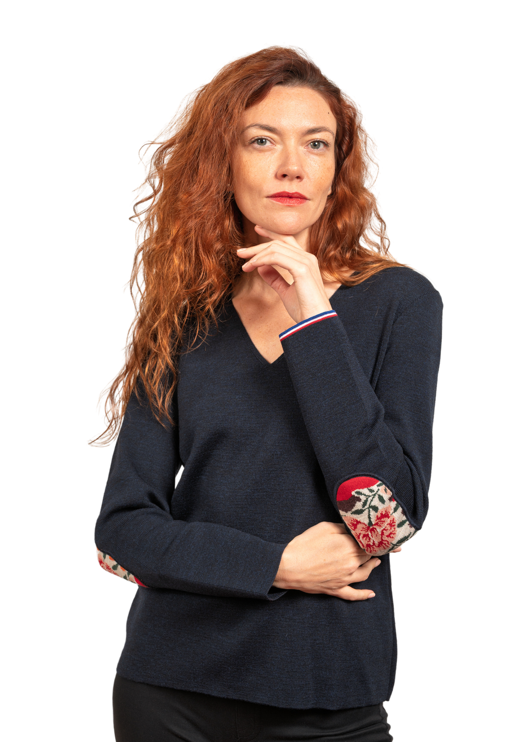 Pull femme en laine mérinos à col V - Marine - Pivoines