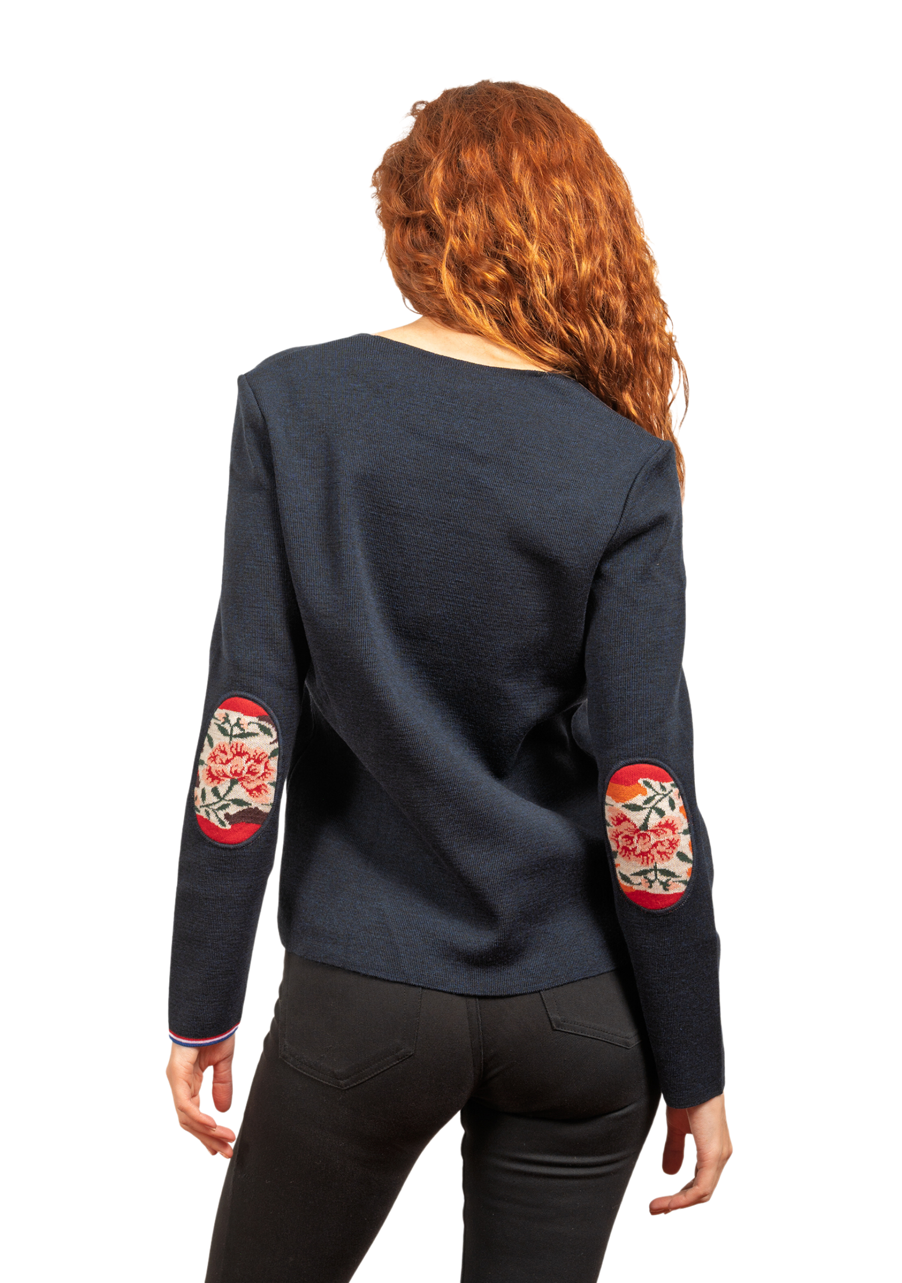 Pull femme en laine mérinos à col V - Marine - Pivoines