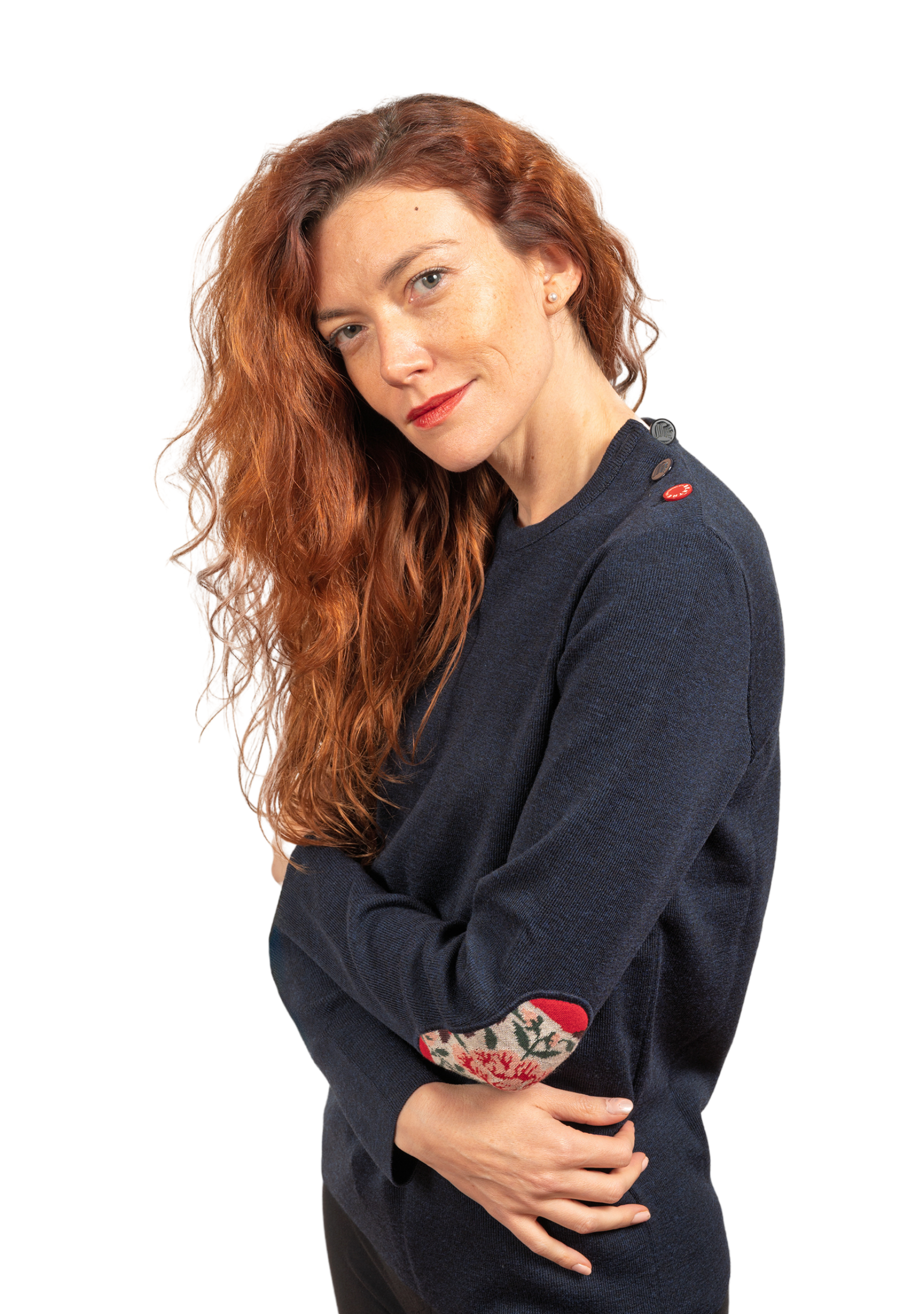 Pull marin femme en laine mérinos - Marine - Pivoines