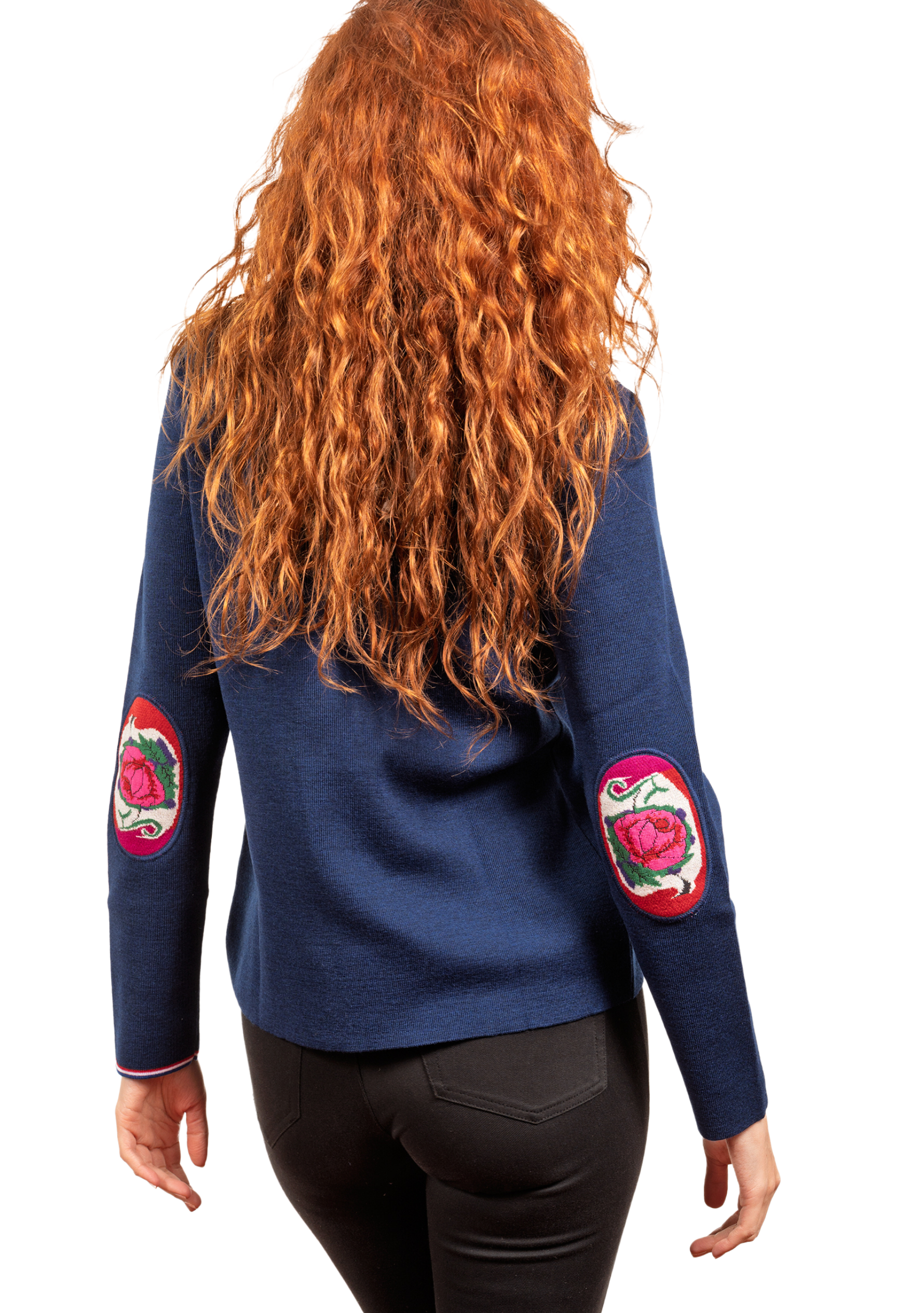 Pull femme en laine mérinos à col V - Bleu royal - Fleurs de rose