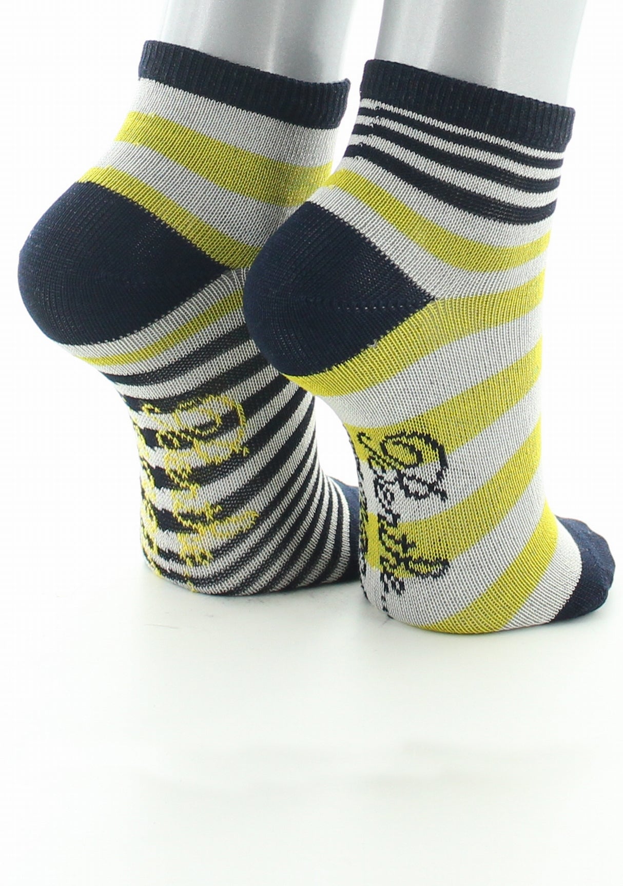 Chaussettes bébé coton fil d'Ecosse rayures marine, jaune et ivoire JAUNE
