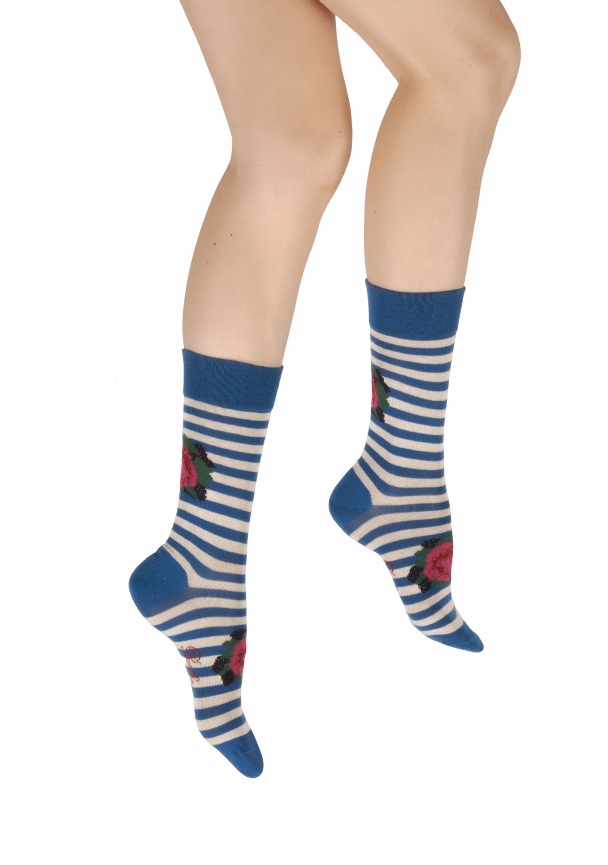 Chaussettes coton femme Berthe Aux Grands Pieds marinière bleu/ivoire Fleur de rose BLEU DE CHINE/IVOIRE