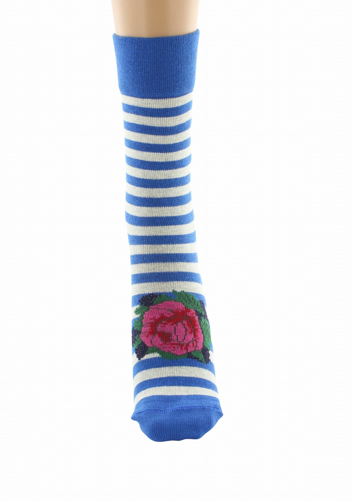 Chaussettes coton femme Berthe Aux Grands Pieds marinière bleu/ivoire Fleur de rose BLEU DE CHINE/IVOIRE