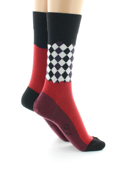 Chaussettes femme à Damiers asymétriques en laine peignée Noir/Bordeaux NOIR-BORDEAUX