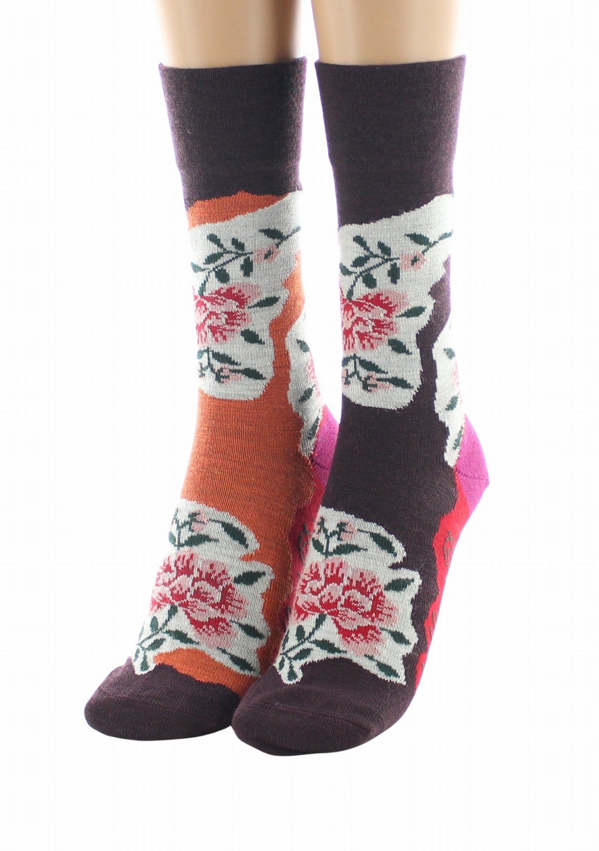 Chaussettes femme laine Berthe Pivoines Orange/Bordeaux ORANGE/BORDEAUX