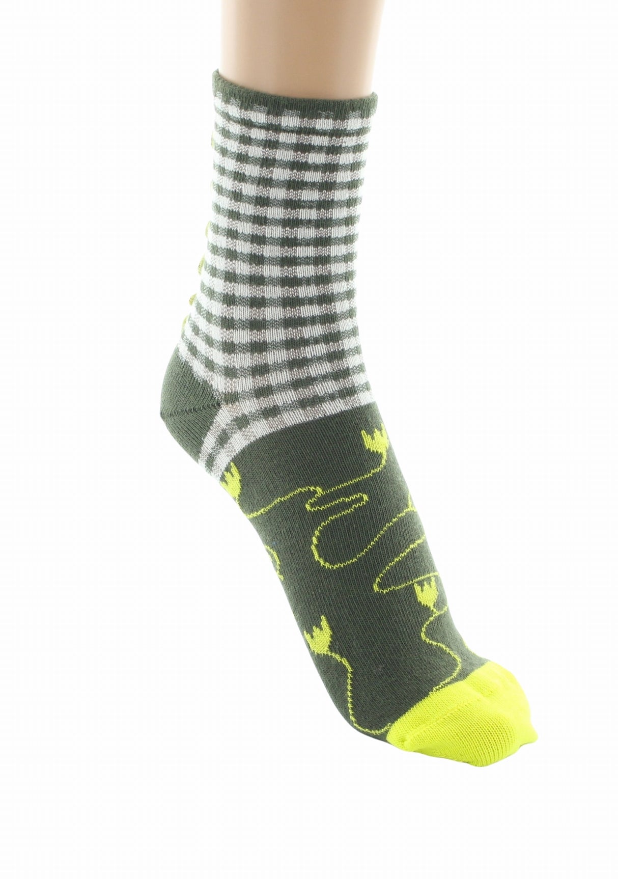 Chaussettes fil d'Écosse femme Berthe Aux Grands Pieds motif vichy kaki ivoire COLONIAL