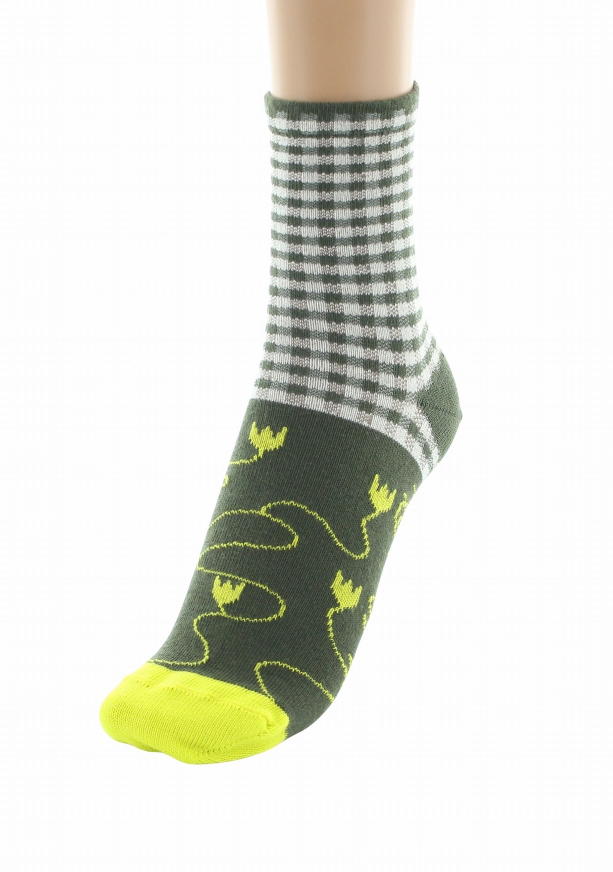 Chaussettes fil d'Écosse femme Berthe Aux Grands Pieds motif vichy kaki ivoire COLONIAL
