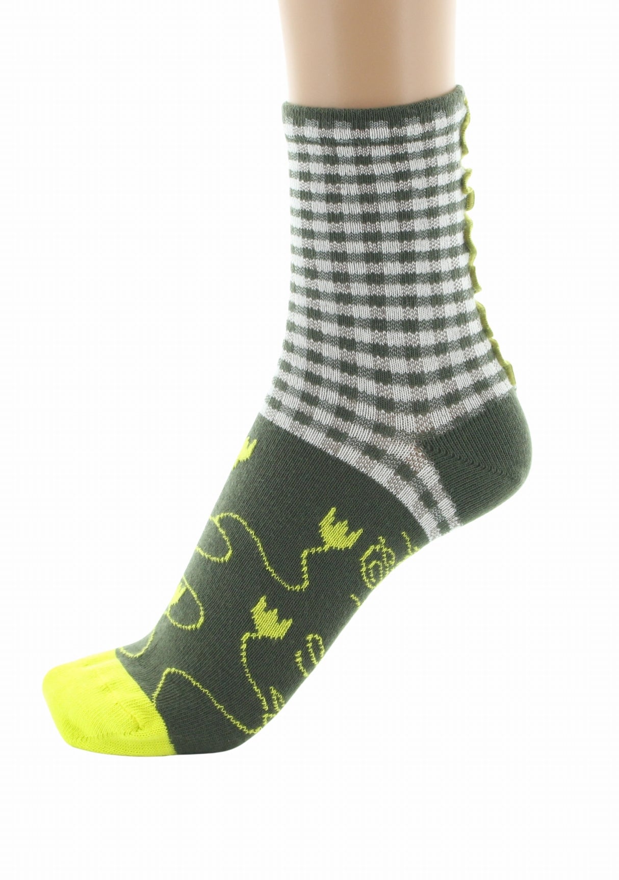 Chaussettes fil d'Écosse femme Berthe Aux Grands Pieds motif vichy kaki ivoire COLONIAL