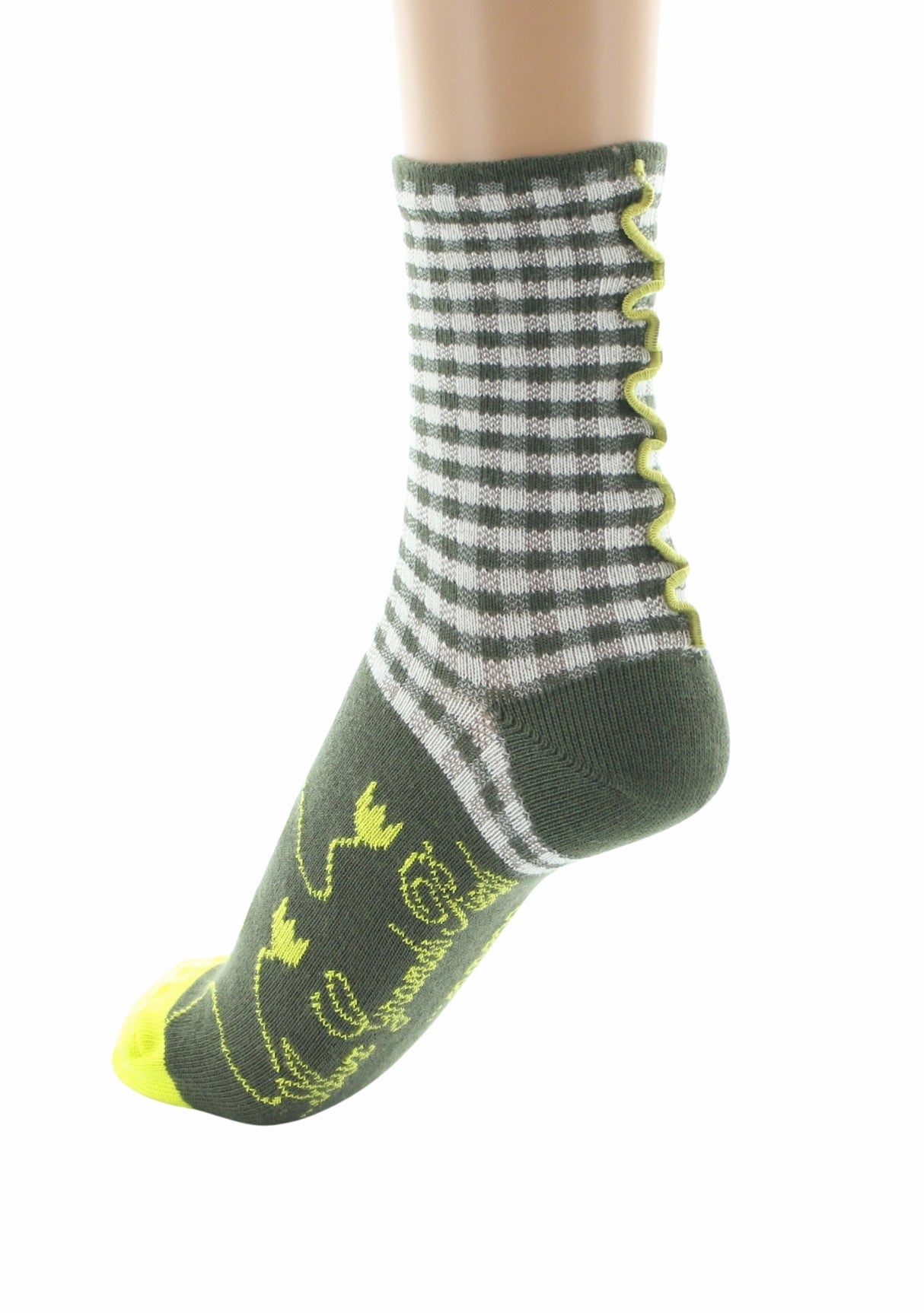 Chaussettes fil d'Écosse femme Berthe Aux Grands Pieds motif vichy kaki ivoire COLONIAL