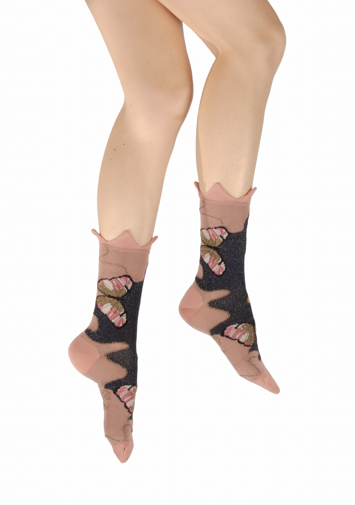 Chaussettes fil d’Écosse femme Berthe Aux Grands Pieds papillons et couronne ROSE