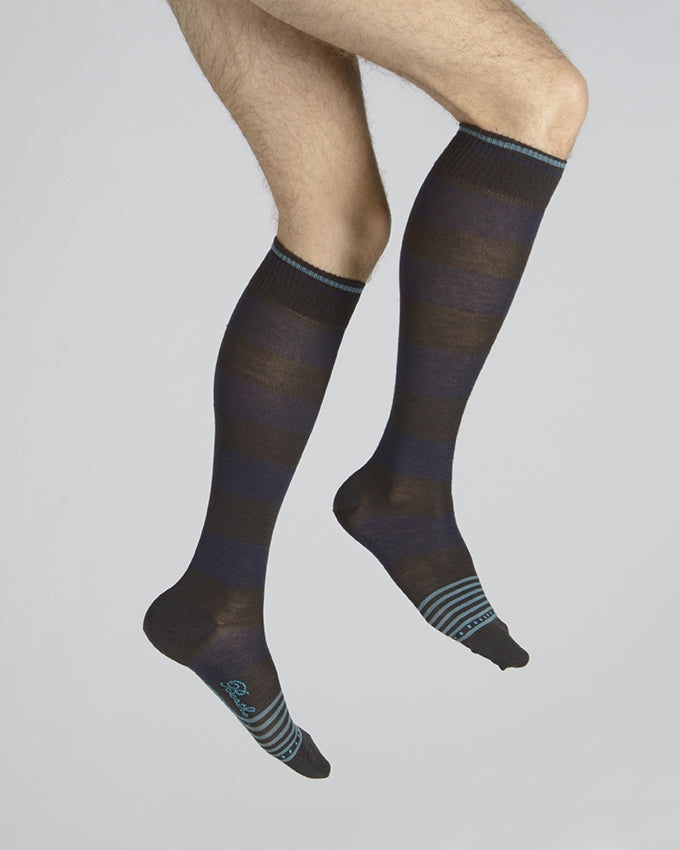 Chaussettes Hautes Grosses Rayures Marine Et Chocolat BLEU MARINE-CIEL