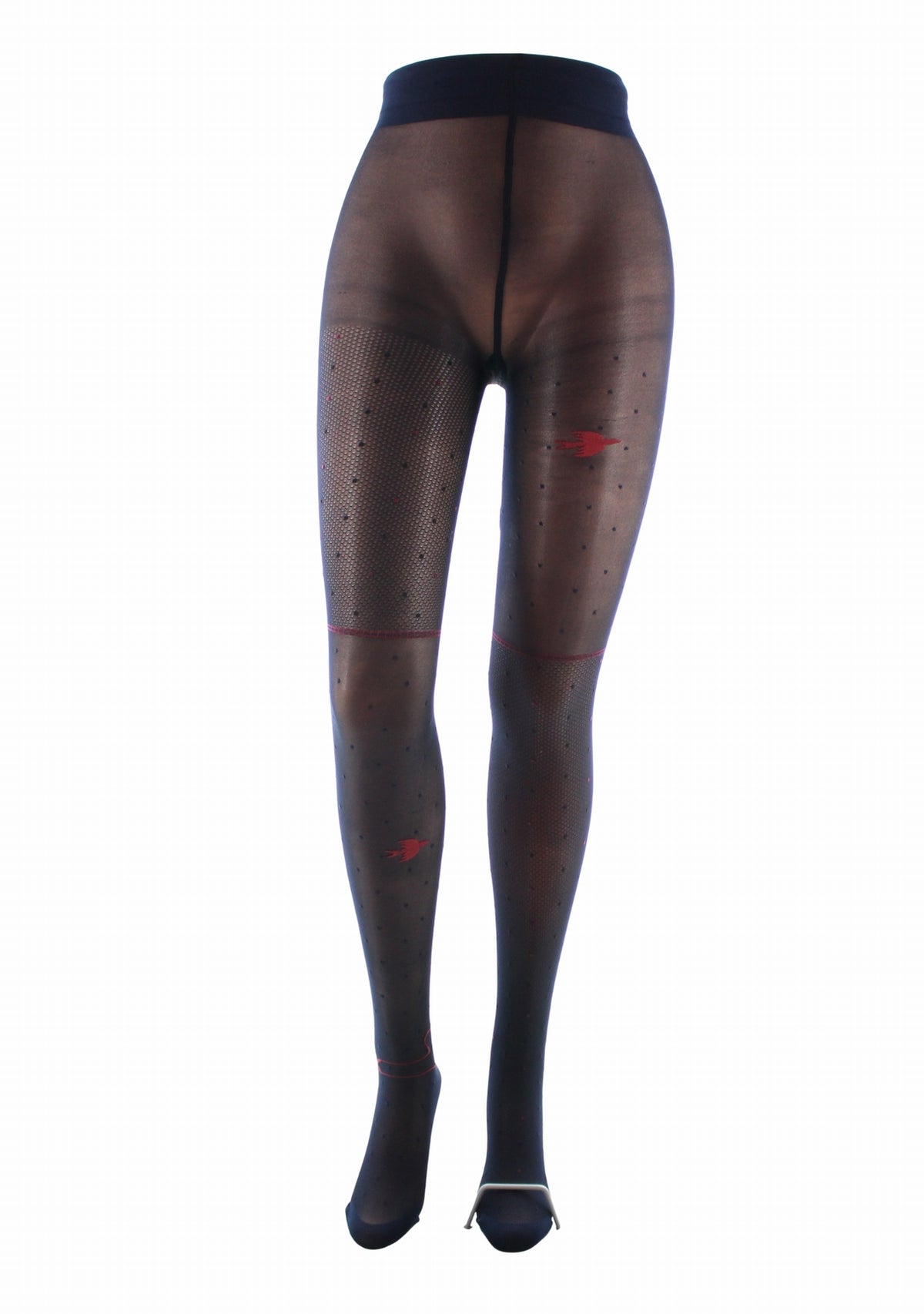 Collant fin 30 deniers femme Berthe Aux Grands Pieds asymétrique oiseaux résille Marine Rouge/Noir/Marine Oiseau Rouge MARINE/ROUGE/NOIR