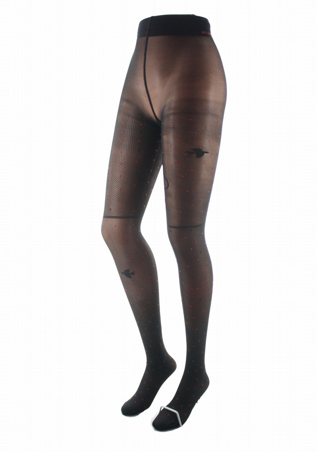 Collant fin 30 deniers femme Berthe Aux Grands Pieds asymétrique oiseaux résille Noir Rouge/Noir Oiseau Noir NOIR/ROUGE/NOIR