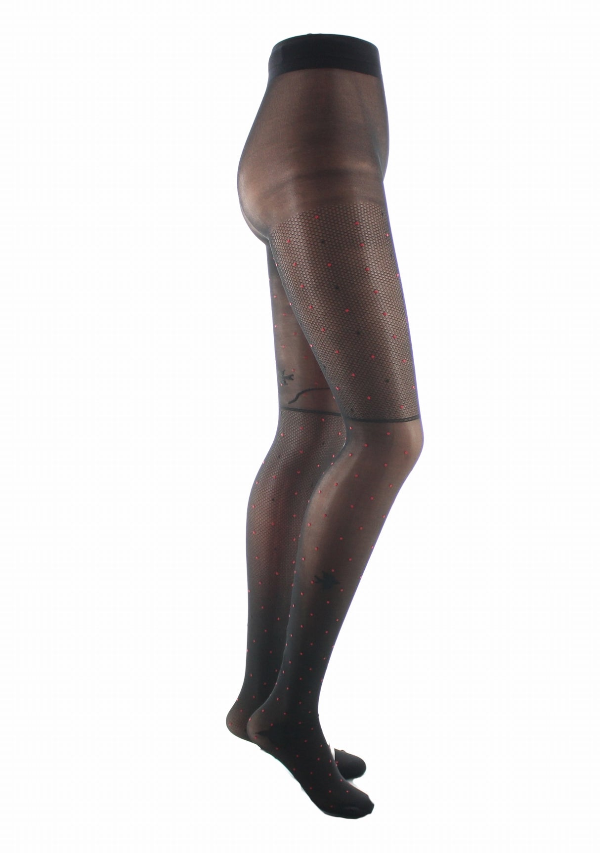 Collant fin 30 deniers femme Berthe Aux Grands Pieds asymétrique oiseaux résille Noir Rouge/Noir Oiseau Noir NOIR/ROUGE/NOIR