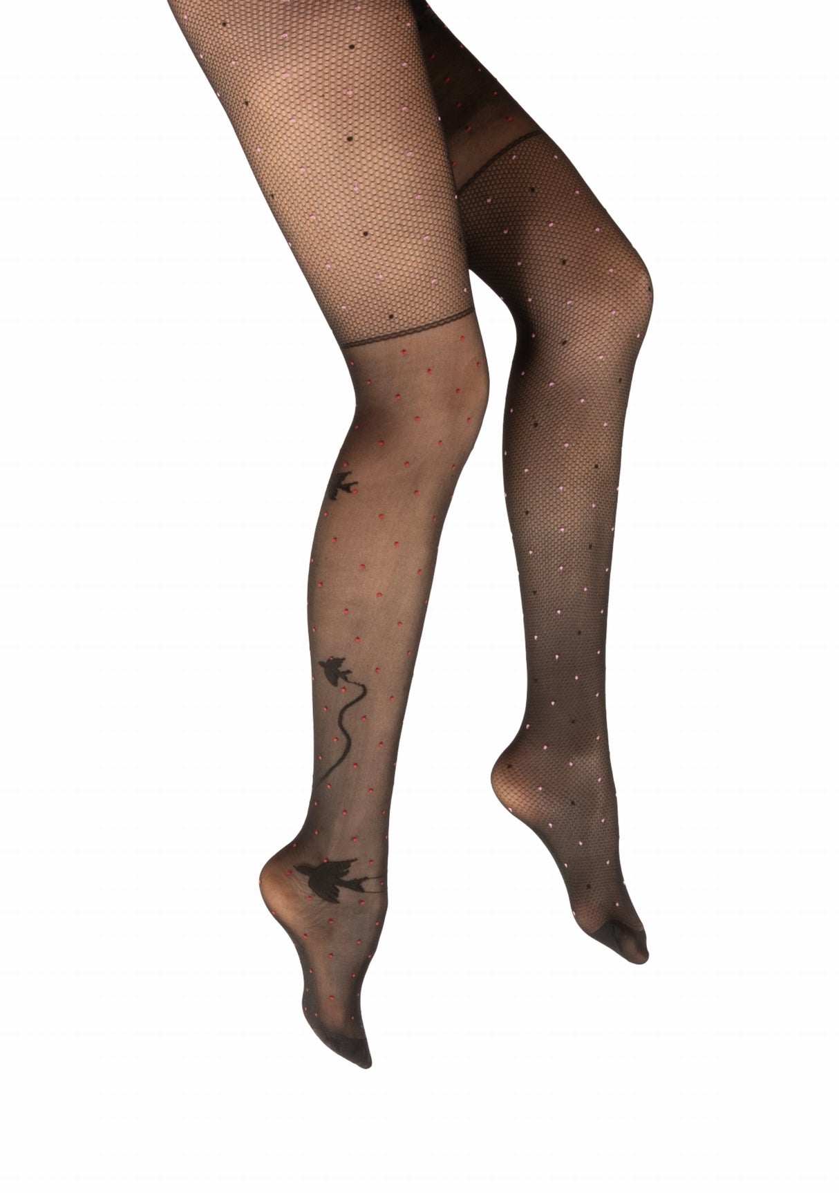 Collant fin 30 deniers femme Berthe Aux Grands Pieds asymétrique oiseaux résille Noir Rouge/Rose/Noir Oiseau Noir NOIR/ROUGE/ROSE/NOIR