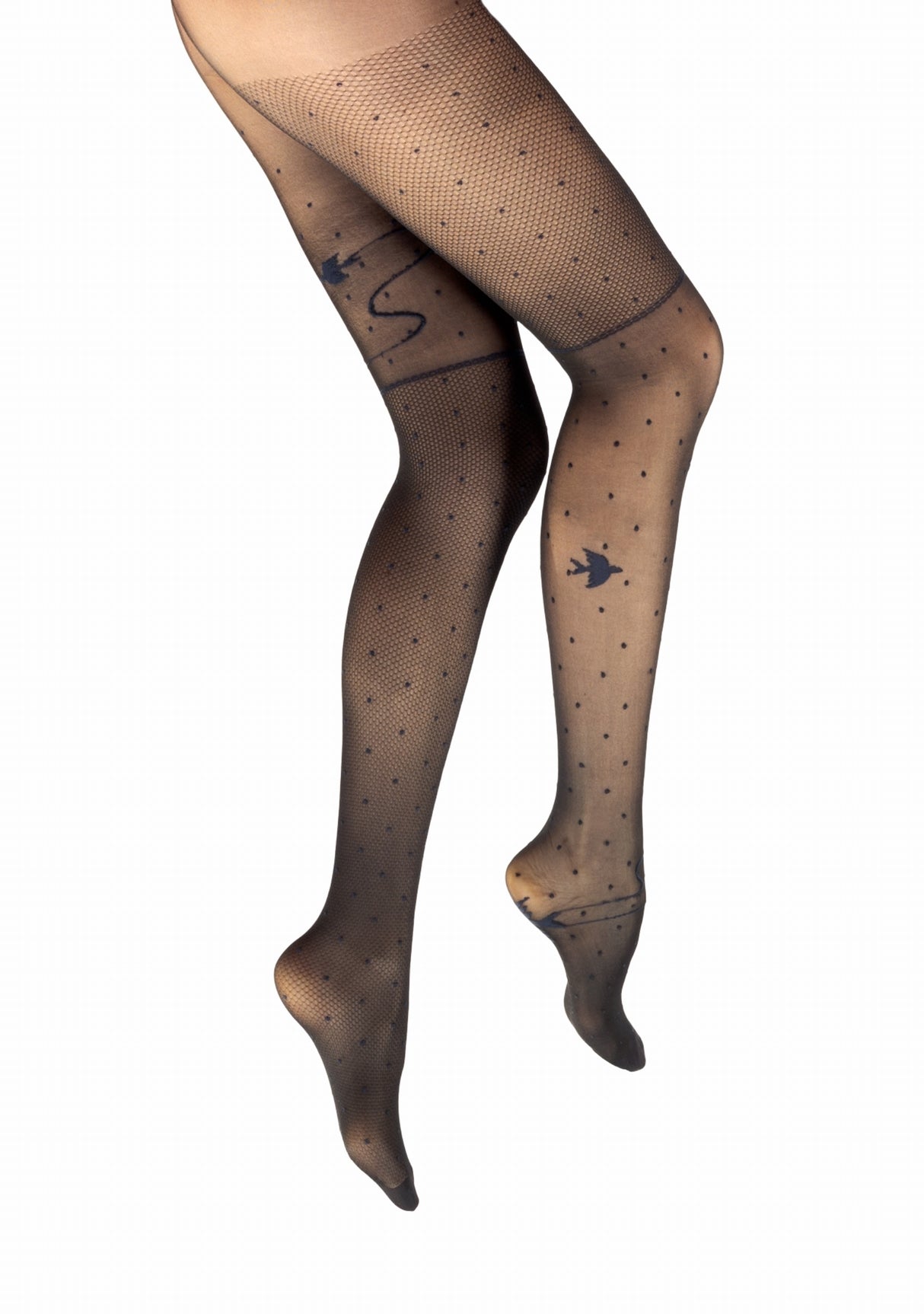 Collant fin 30 deniers femme Berthe Aux Grands Pieds asymétrique oiseaux résille Noir/Marine Oiseau Marine NOIR/MARINE