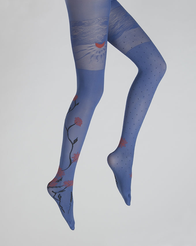 Collants agapanthes rouge fond bleu BLEU