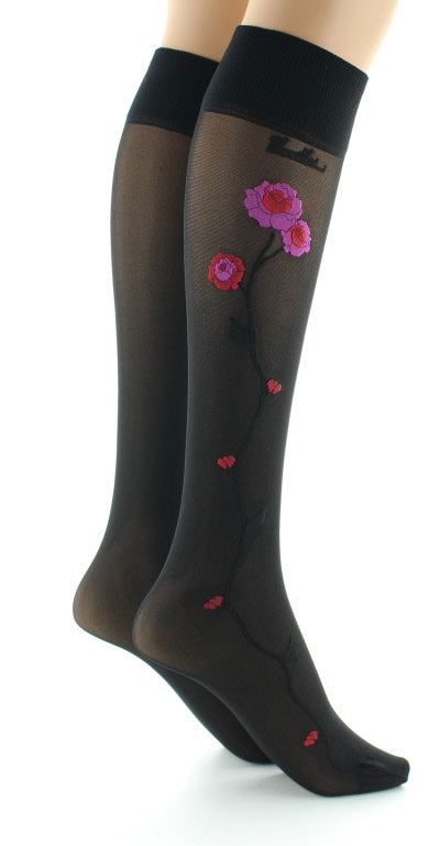 Mi-bas 30D noir Fleurs roses et rouges NOIR