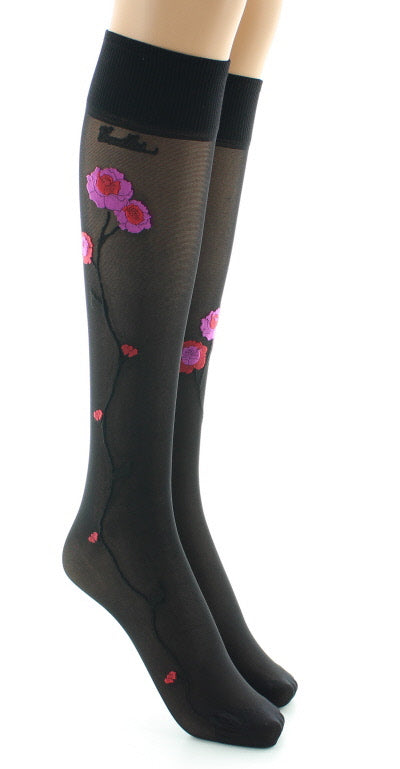 Mi-bas 30D noir Fleurs roses et rouges NOIR