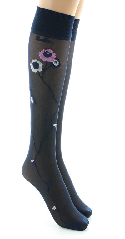 Mi-bas 30D marine Fleurs roses et beige BLEU MARINE