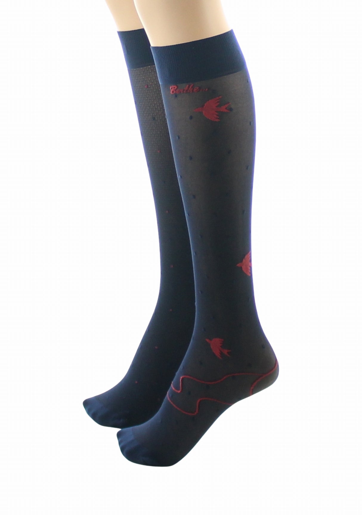 Mi-bas fins 30 deniers femme Berthe Aux Grands Pieds asymétriques marine oiseaux rouge MARINE/ROUGE/NOIR