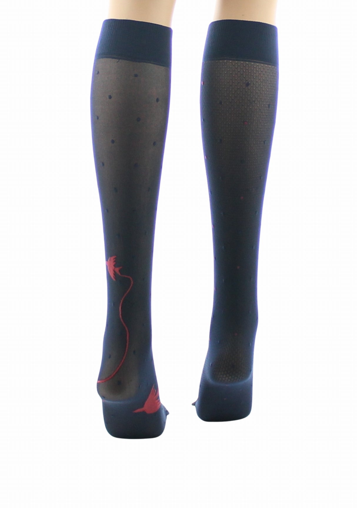 Mi-bas fins 30 deniers femme Berthe Aux Grands Pieds asymétriques marine oiseaux rouge MARINE/ROUGE/NOIR