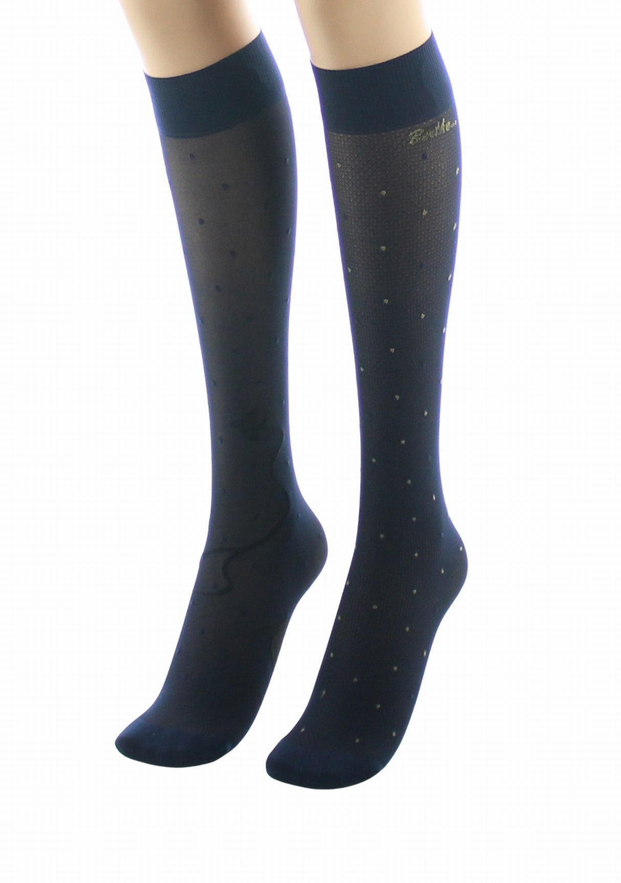 Mi-bas fins 30 deniers femme Berthe Aux Grands Pieds asymétriques marine pois kaki et oiseaux noir MARINE/KAKI/NOIR