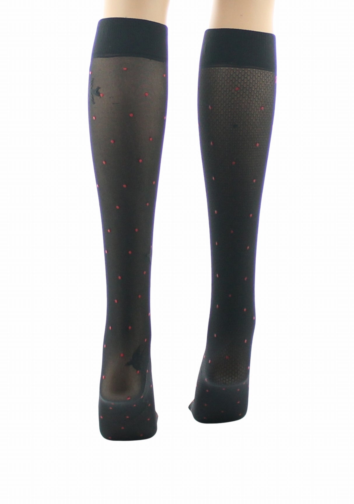 Mi-bas fins 30 deniers femme Berthe Aux Grands Pieds asymétriques pois rouges et oiseaux noir NOIR/ROUGE/NOIR