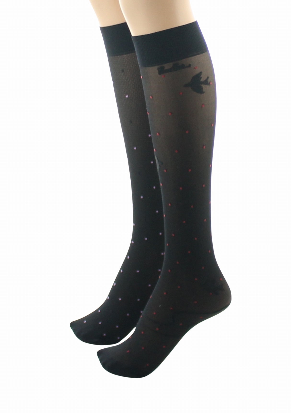 Mi-bas fins 30 deniers femme Berthe Aux Grands Pieds asymétriques résille et oiseaux noir NOIR/ROUGE/ROSE/NOIR