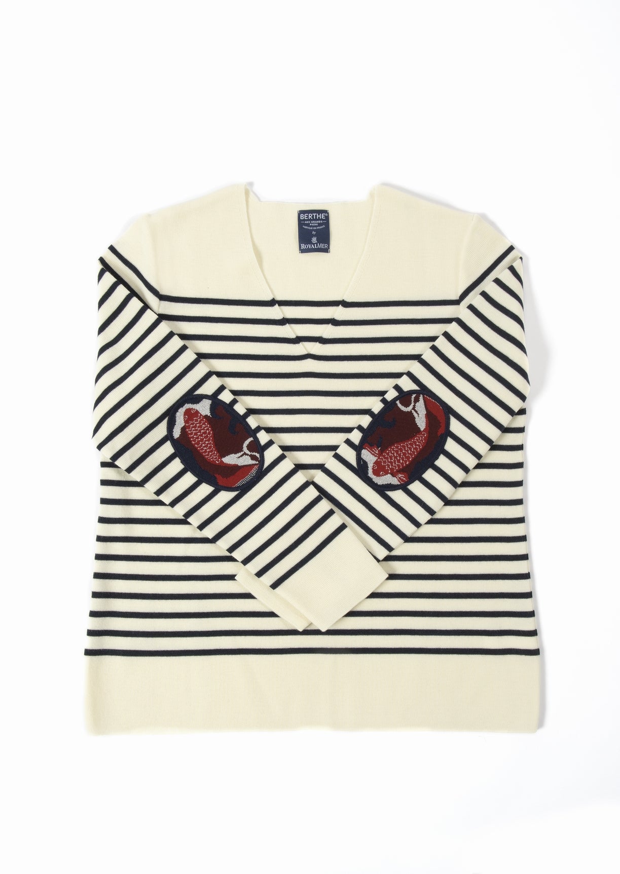 Pull marin Femme rayé Carpe Col V MARINE-ECRU