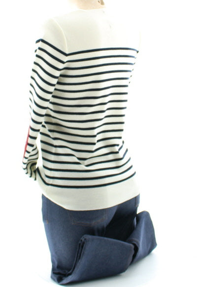 Pull marin Femme Rayé Roses col V MARINE-ECRU