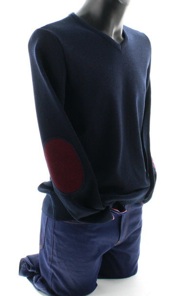 Pull marin Homme Coudières Asymétriques Rayées col V MARINE-ROUGE