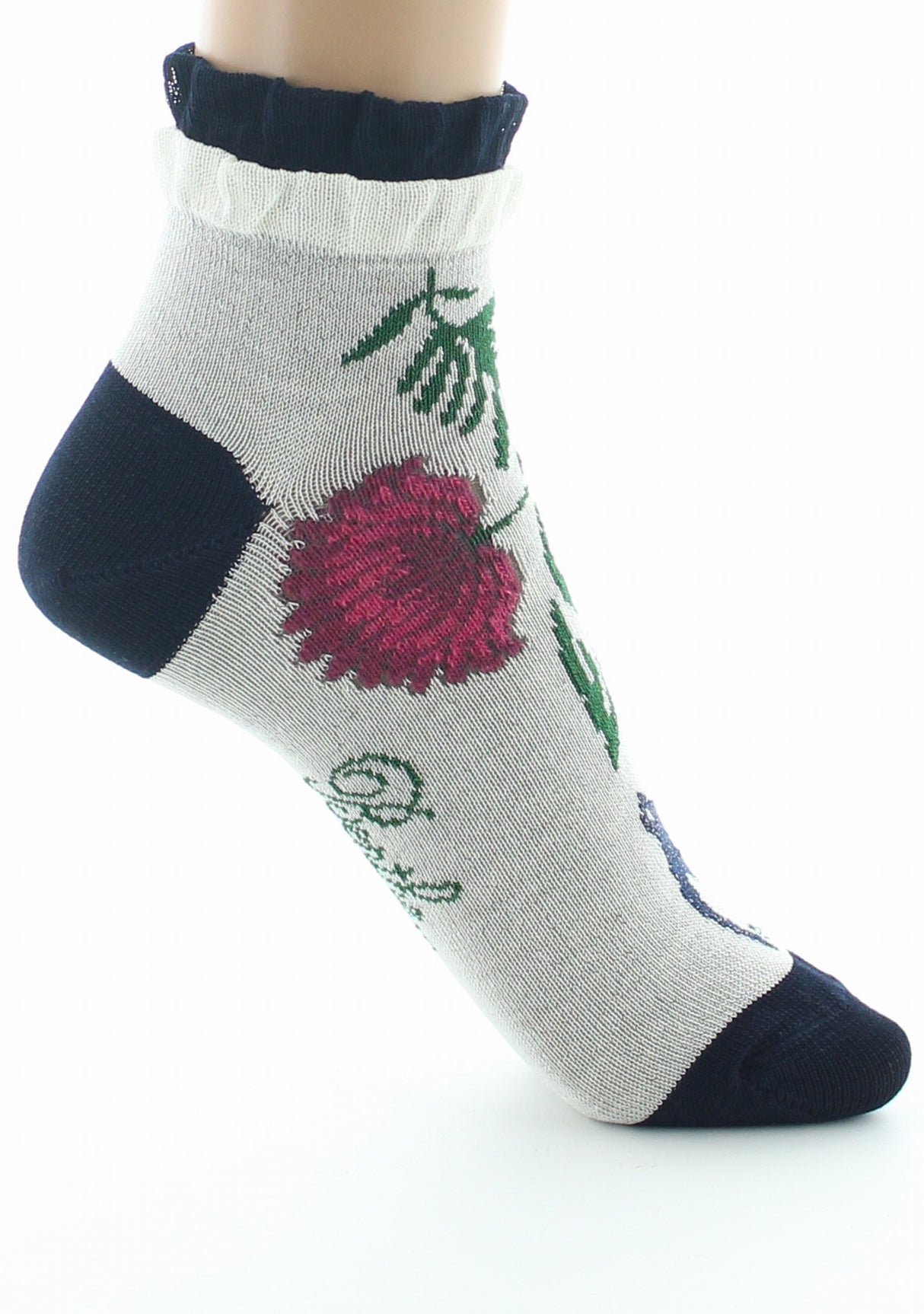 Socquettes femme fil d'Ecosse Fleurs et Feuilles IVOIRE