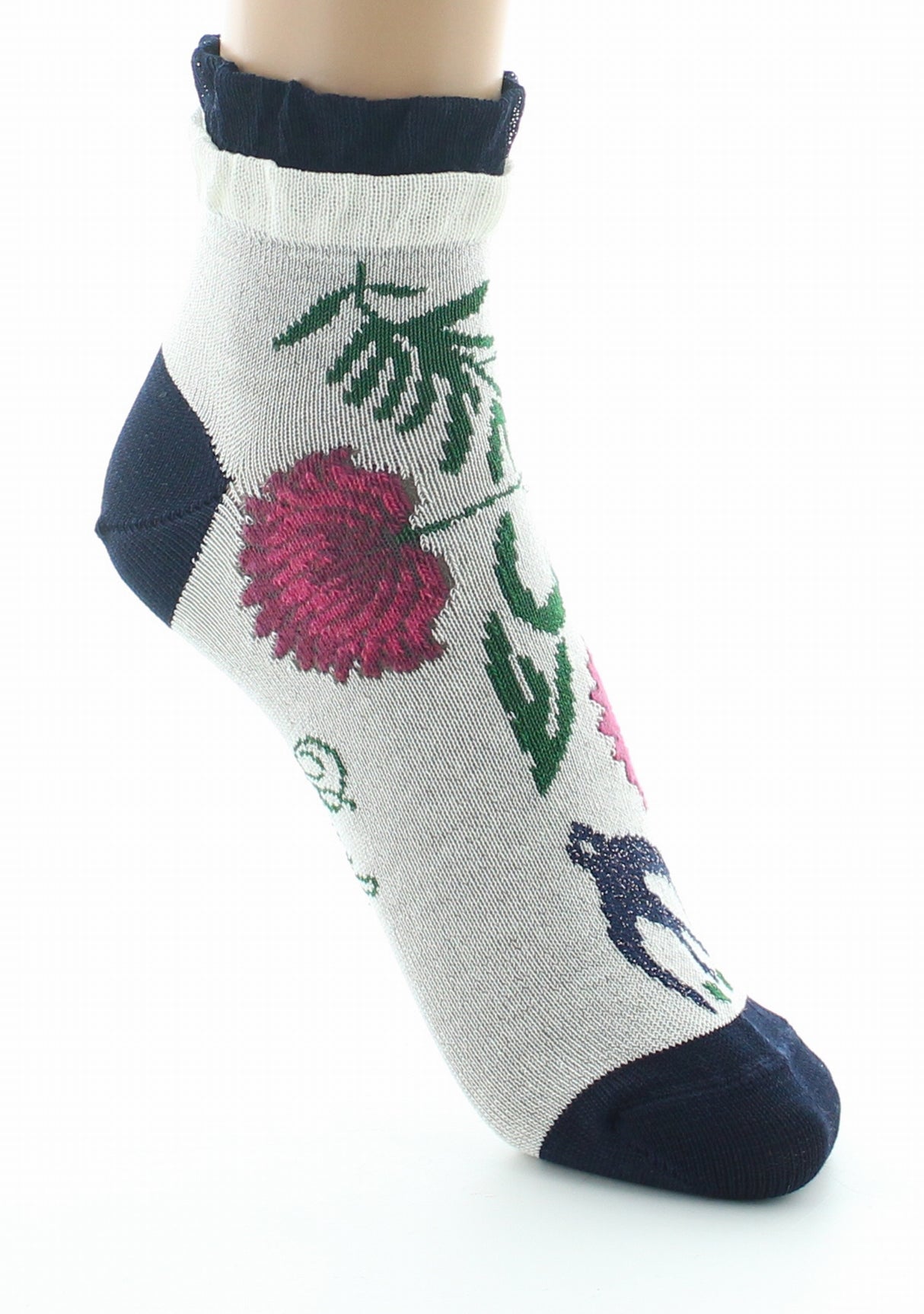 Socquettes femme fil d'Ecosse Fleurs et Feuilles IVOIRE