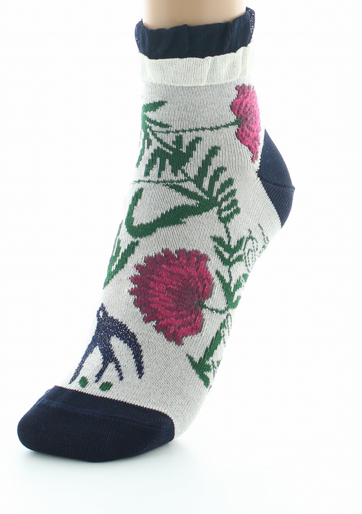 Socquettes femme fil d'Ecosse Fleurs et Feuilles IVOIRE